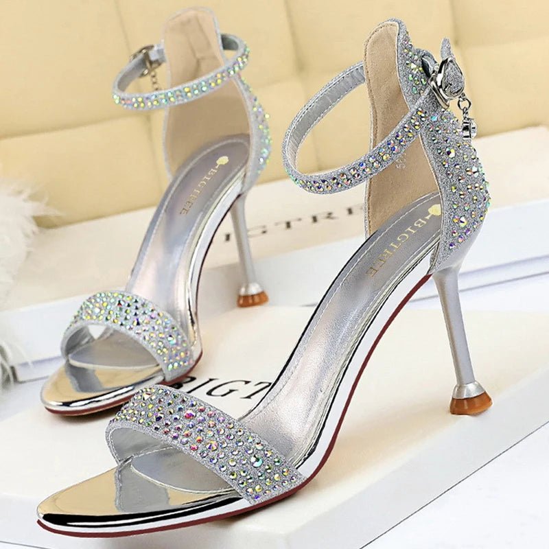 BIGTREE Shoes Rhinestone High Heels Women Pumps Sexy Kitten Heels Party Shoes Open Toe Women Sandals Heel Stiletto Wedding Shoes - EverHype