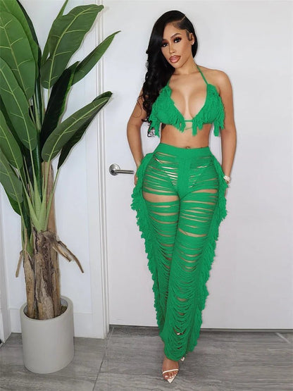 JRRY Sexy Women Knitted Set Two Pieces Set Halter Backless Bra Top Pants Crocheted 2 Pieces Set Hollow Out Crochet Beach Wear - EverHype