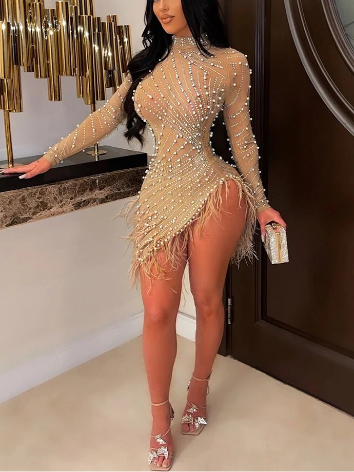 Luxury Feather Rhinestone Dress - Sheer Mesh Short Party Dress | Birthday & Evening - EverHype
