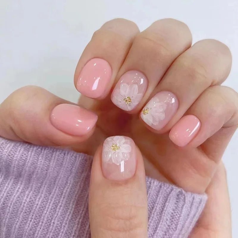 24Pcs Short Square Head Fake Nail with Colorful Flower Designs Wearable French False Nails Ballet Finished Jelly Stick on Nails - EverHype