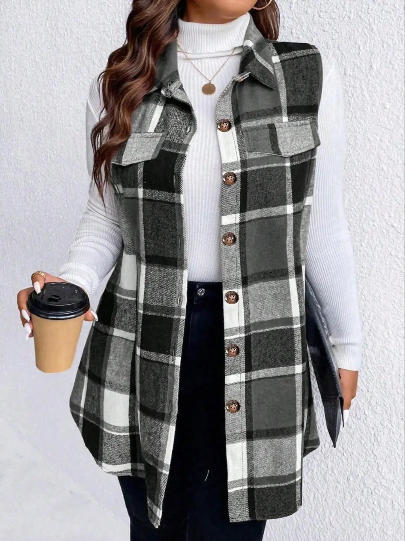 Women Plus Size 1XL - 5XL Plaid Print Flap Detail Sleeveless Coat Ladies Fashion Sleeveless Thick Thermal Vest Women Outwear - EverHype