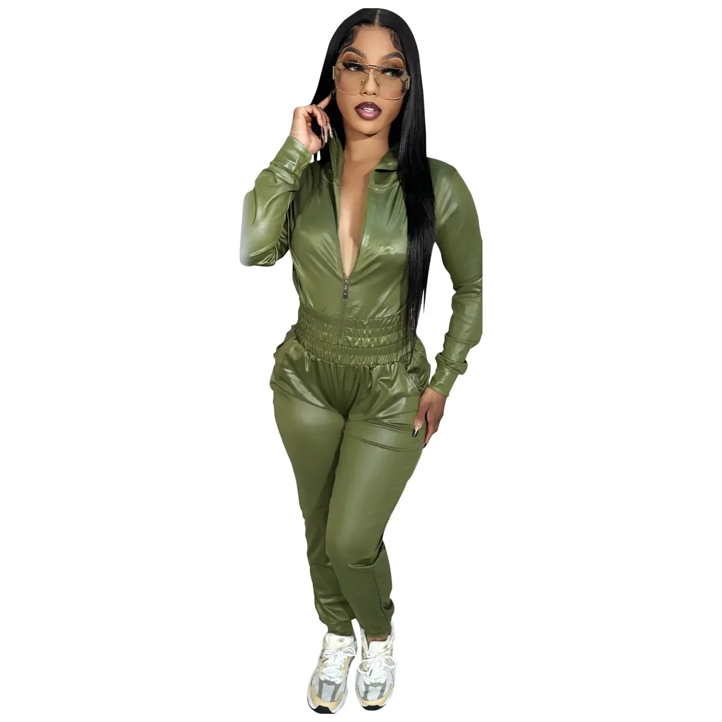 Faux Leather 2 - Piece Sweatsuit - Women's Hooded Jacket & Pants Set | Streetwear Outfit - EverHype
