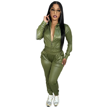 Faux Leather 2 - Piece Sweatsuit - Women's Hooded Jacket & Pants Set | Streetwear Outfit - EverHype