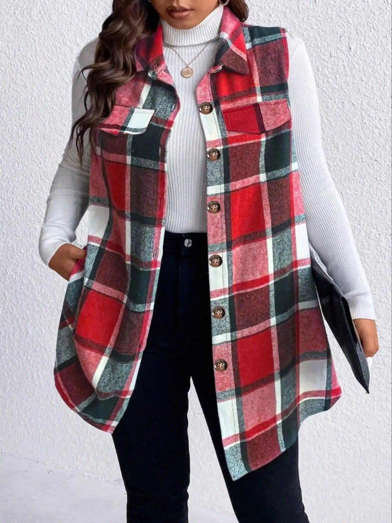 Women Plus Size 1XL - 5XL Plaid Print Flap Detail Sleeveless Coat Ladies Fashion Sleeveless Thick Thermal Vest Women Outwear - EverHype