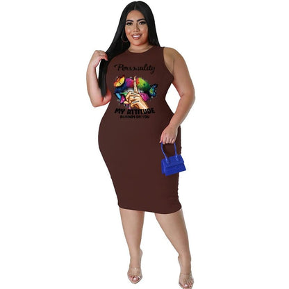 Wmstar Plus Size Women Clothing Dress Summer Lip Print Bodycon Stretch Elegant Midi Dresses Women Wholesale Dropshiping 2023 - EverHype