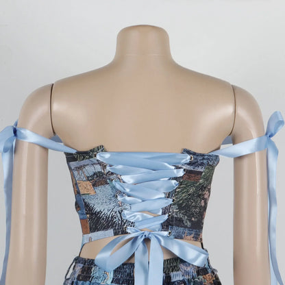 Women's Oil Painting 2 - Piece Set - Lace - Up Crop Top & Pants | Fall Winter Outfit - EverHype