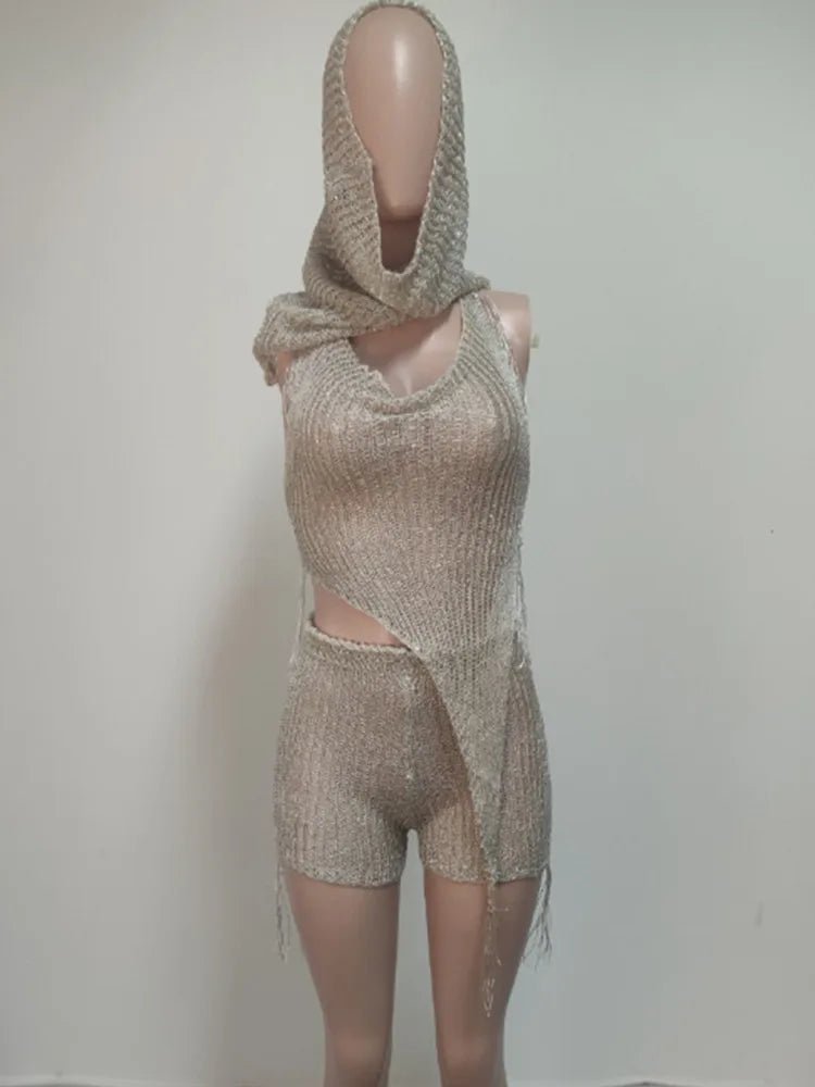 Joskaa Sequins Knit Beach 3 Piece Sets Women Sexy Backless Halter Irregular Top+Head Scarf+Shorts Matching Set Vacation Outfits - EverHype