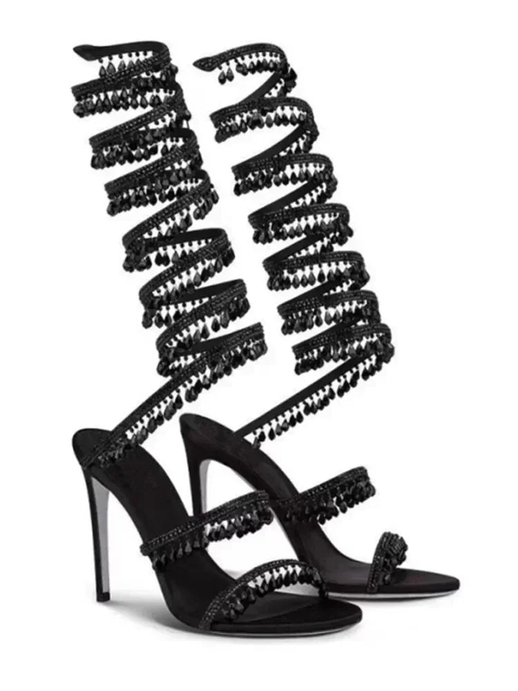 2025 Women's New Fashion Tassel Crystal Shoes Sexy Banquet Party Stiletto High Heels Women's Large Sandals Dance Shoes - EverHype