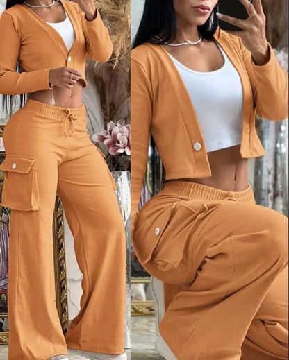 Women's 2 - Piece Cargo Set - Cardigan Top & Cargo Pants Outfit | Spring & Autumn - EverHype