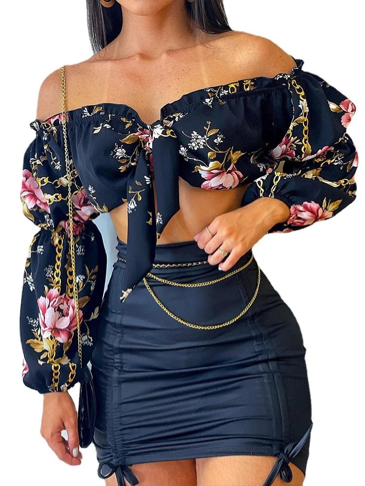 Flowers Print Slash Neck Long Sleeves Crop Top Skirts 2 Pcs Set Sexy Slim Summer Fashion Outfit Streetwear Dress Sets - EverHype