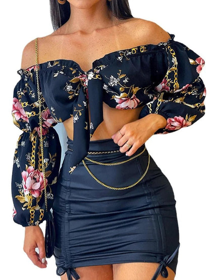 Flowers Print Slash Neck Long Sleeves Crop Top Skirts 2 Pcs Set Sexy Slim Summer Fashion Outfit Streetwear Dress Sets - EverHype