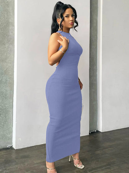 Hugcitar Ribbed Solid Hollow Out Backless Sleeveless Sexy Slit Mini Dress Bodycon 2025 Spring Women Outfits Elegant Party Y2K - EverHype