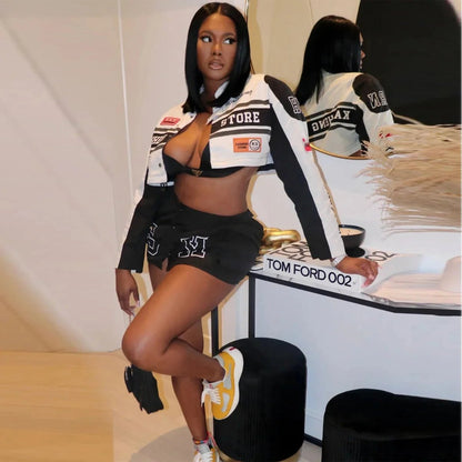 HLJ Letter Print Two Piece Outfits 2023 Autumn Winter Casual Sporty Baseball Coat Skirts Suits Detachable Buttons Y2k Streetwear - EverHype