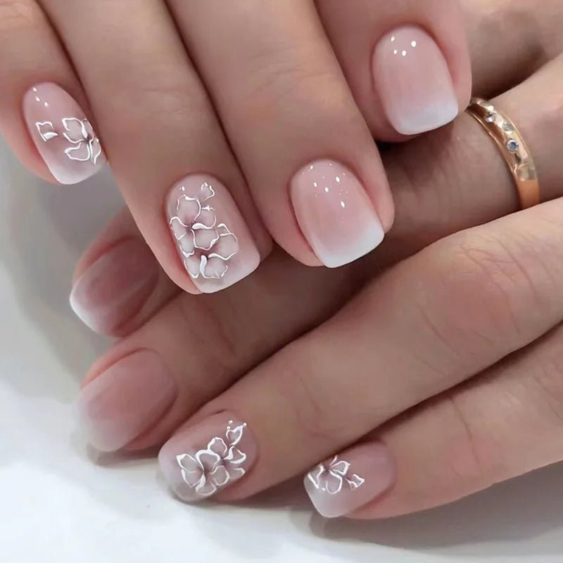 24Pcs Short Square Head Fake Nail with Colorful Flower Designs Wearable French False Nails Ballet Finished Jelly Stick on Nails - EverHype