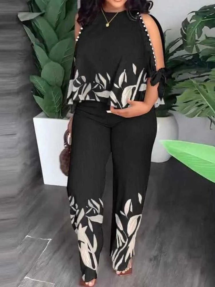 Female Clothing Summer Women Outfit Pearl Off The Shoulder Blouse and Trouser Elegant 2 - piece Sets Plus Size Pant Sets - EverHype