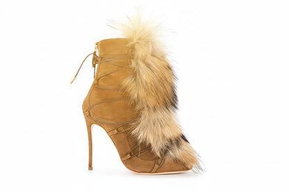 Brown Real Fur Stiletto Ankle Boots Women Trends Outfit Cross Tied Winter Snow Shoes Female Haute Pointed Toe Back Zipper Boots - EverHype