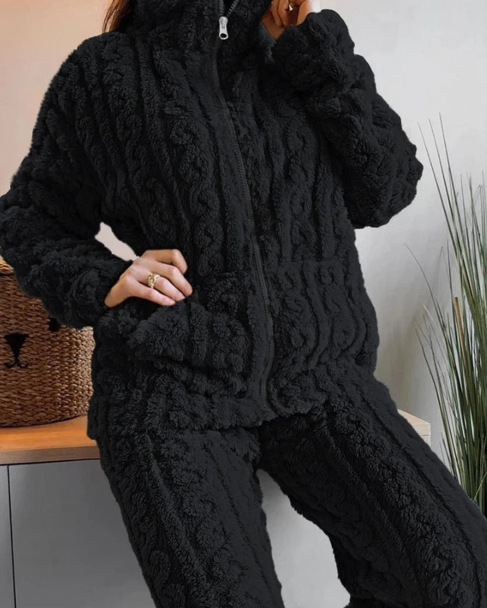 Women's Fuzzy Teddy 2 - Piece Set - Zip - Up Top & Pants Outfit | Autumn Loungewear - EverHype