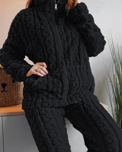 Women's Fuzzy Teddy 2 - Piece Set - Zip - Up Top & Pants Outfit | Autumn Loungewear - EverHype