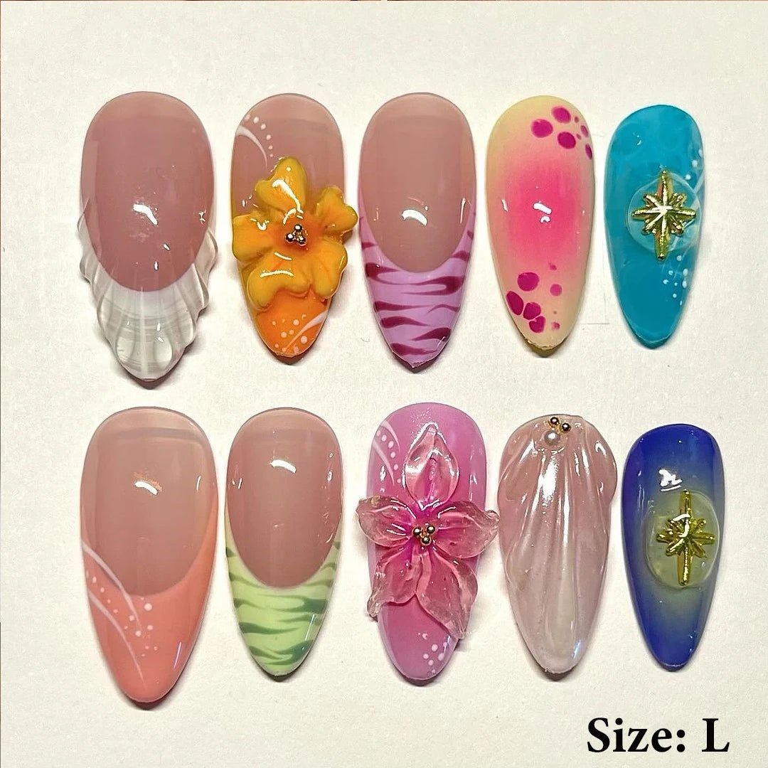 Summer Nails Shell 3D Jelly Spring Flowers Gel Nail Art Vacation Holiday Trendy Flower Almond French Tip Handmade Press on Nails - EverHype