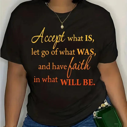 Plus Size Casual T-shirt Women's Plus Ombre Letter Graphic Short Sleeve Round Neck Medium Stretch Top - EverHype