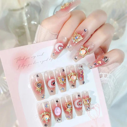 24pcs/box Luxury Pink Long Coffin Fake Nails Y2K Moon Star Rhinestones Press On Nails Handmade Full Cover Reusable False Nails - EverHype