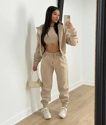 3pcs Women's Clothing Set Fleece - lined Hooded Sweater &Sleeveless Tank Top & Sports Sweatpants Pants - EverHype