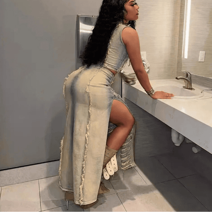 Denim 2 - Piece Set - Hollow Crop Top & Slit Skirt Outfit for Women - EverHype