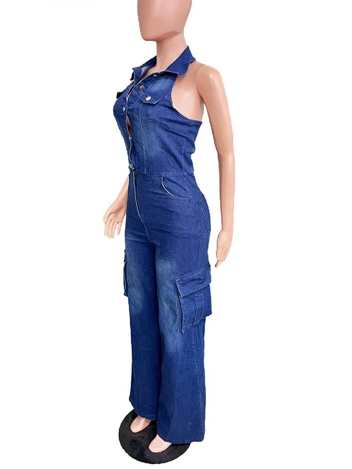 Mlaiscsr Women Clothing Blue Denim One Piece Jumpsuit Halter Backless Sleeveless Straight Jean Overalls Cargo Pants Rompers New - EverHype
