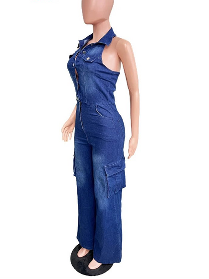 Mlaiscsr Women Clothing Blue Denim One Piece Jumpsuit Halter Backless Sleeveless Straight Jean Overalls Cargo Pants Rompers New - EverHype