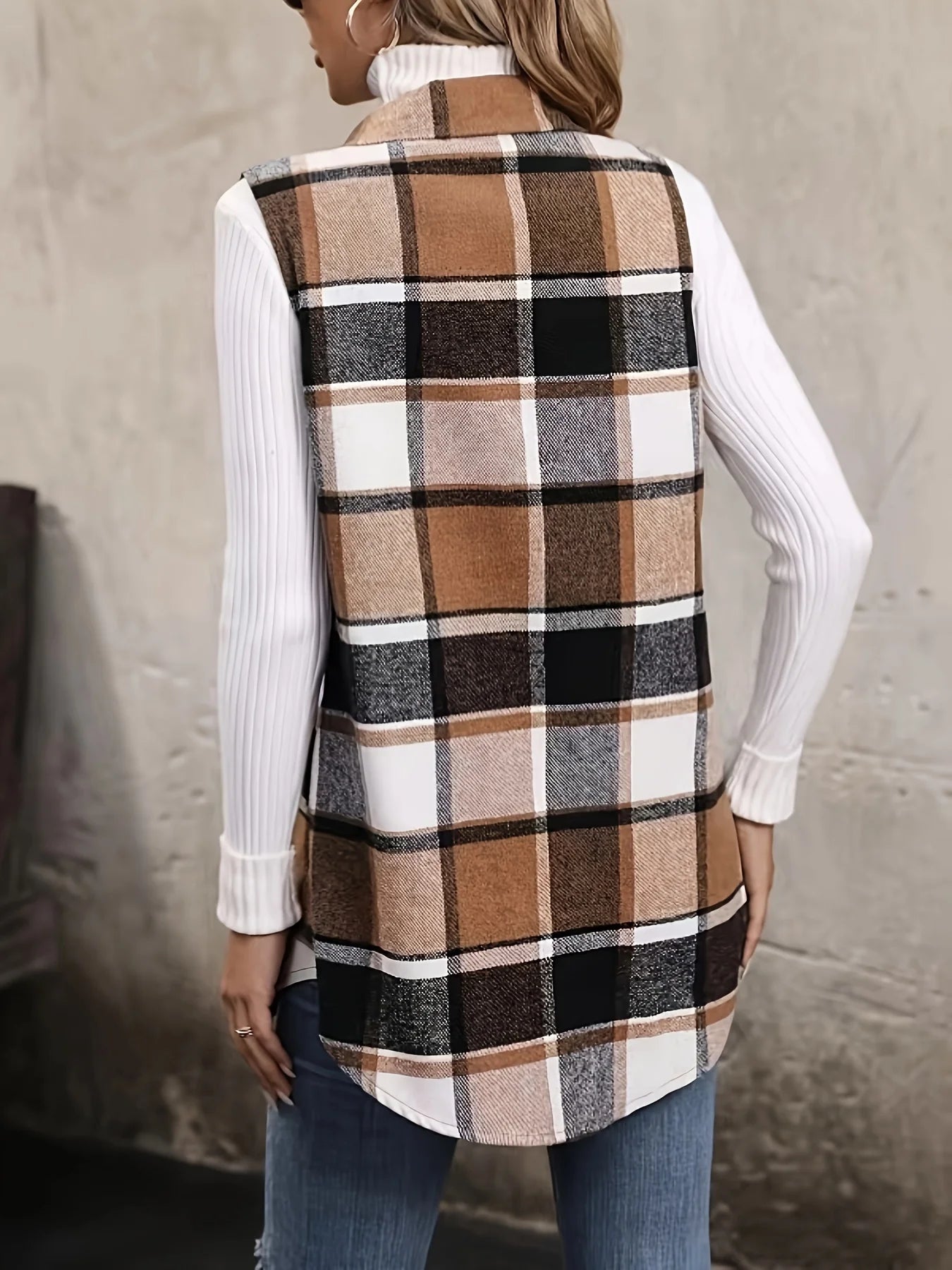 Women Plus Size 1XL - 5XL Plaid Print Flap Detail Sleeveless Coat Ladies Fashion Sleeveless Thick Thermal Vest Women Outwear - EverHype