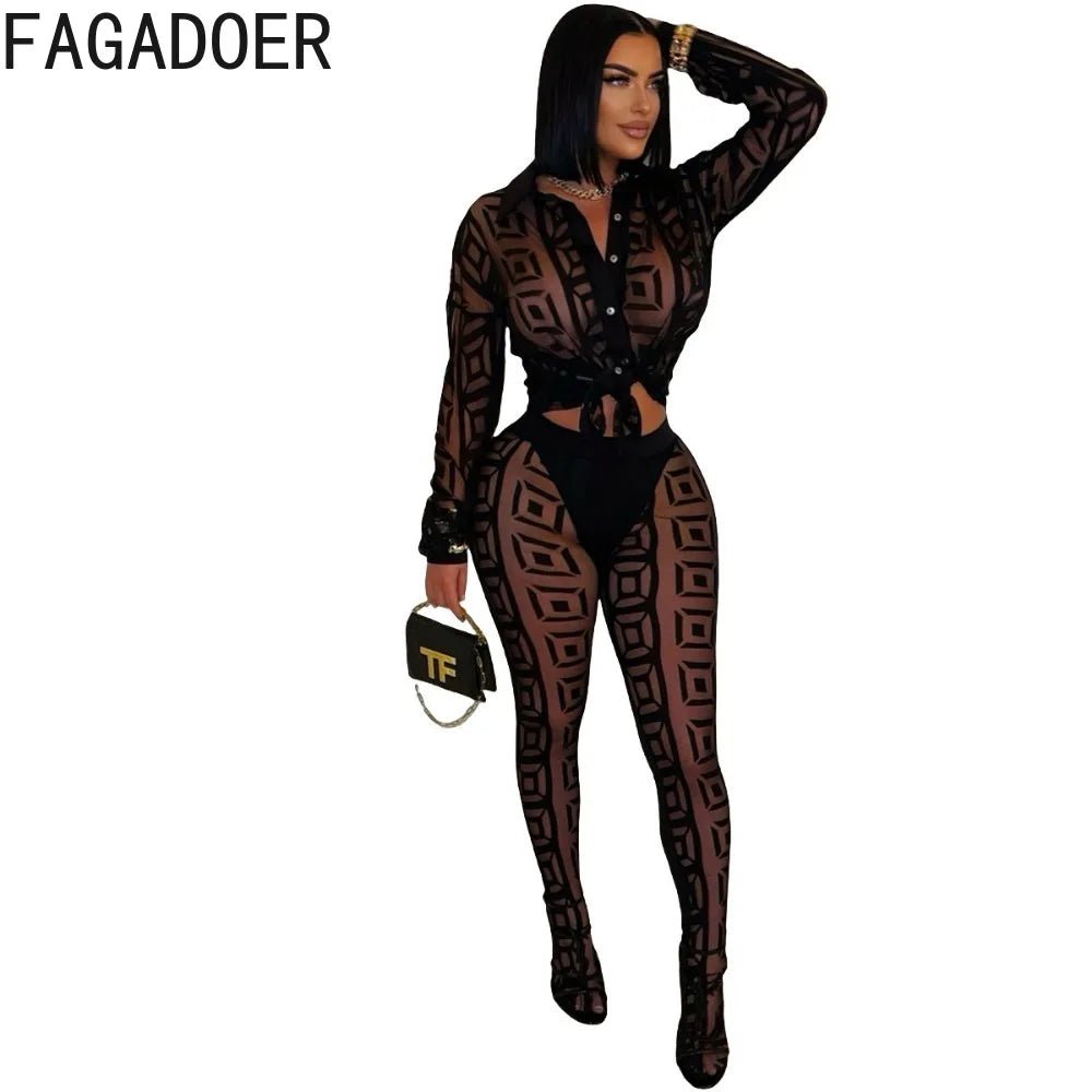 FAGADOER Sexy Mesh Women 2 Piece Set Outfit See Through Long Sleeves Crop Top + Skiny Pants Suits Female Streetwear Clothing New - EverHype
