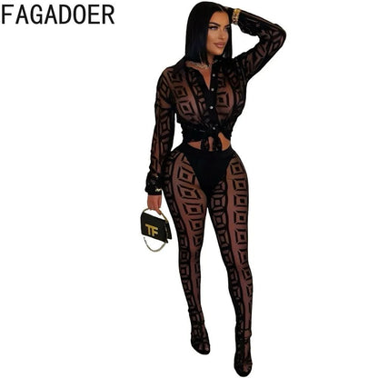 FAGADOER Sexy Mesh Women 2 Piece Set Outfit See Through Long Sleeves Crop Top + Skiny Pants Suits Female Streetwear Clothing New - EverHype