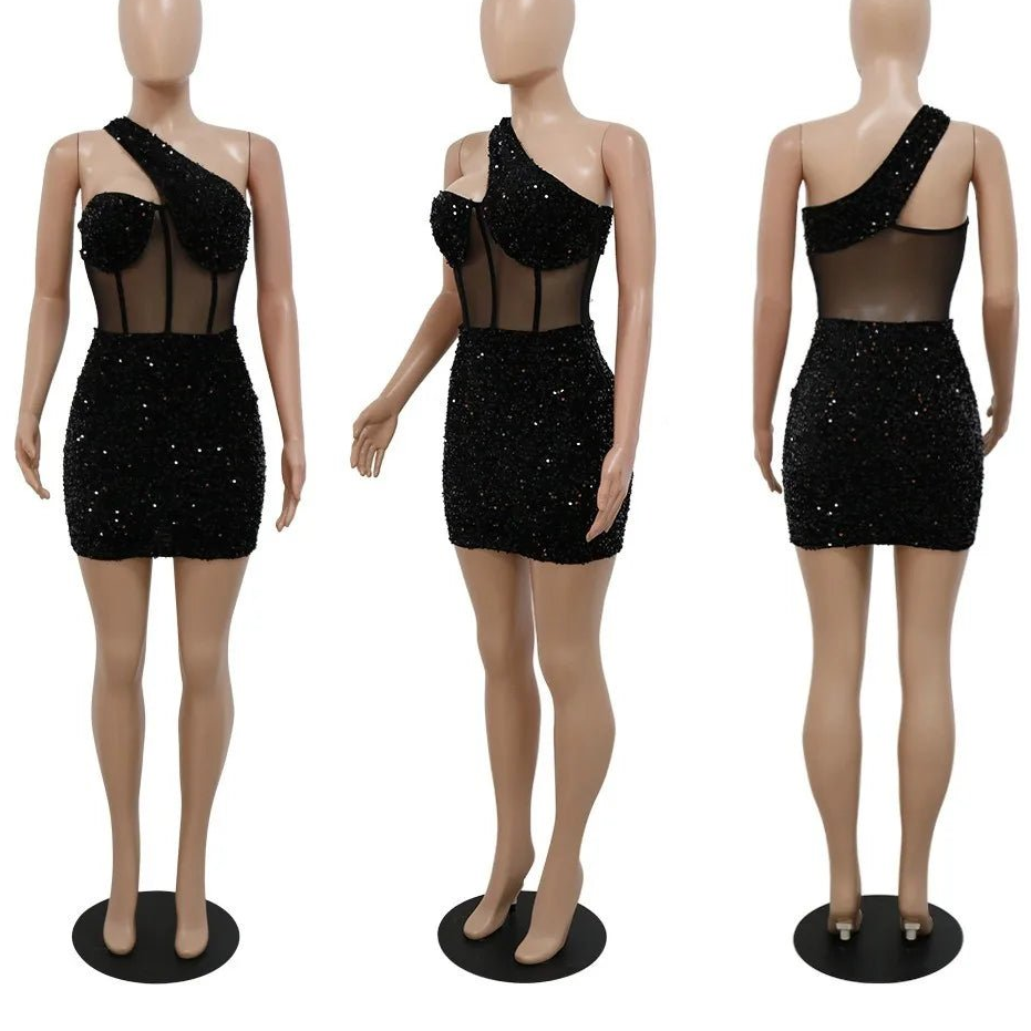 Sequin One Shoulder Party Dress - Sleeveless Backless Mini | Sexy Club Dress - EverHype