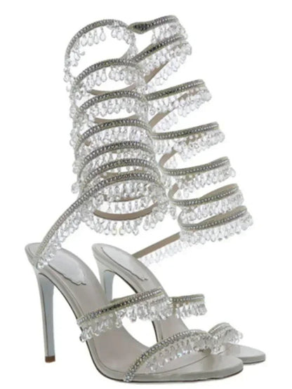 2025 Women's New Fashion Tassel Crystal Shoes Sexy Banquet Party Stiletto High Heels Women's Large Sandals Dance Shoes - EverHype