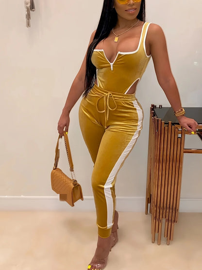 Sexy Bodycon 2pcs Set, Sleeveless Cut Out Bodysuit & High Waist Stretchy Pants, Women's Clothing - EverHype