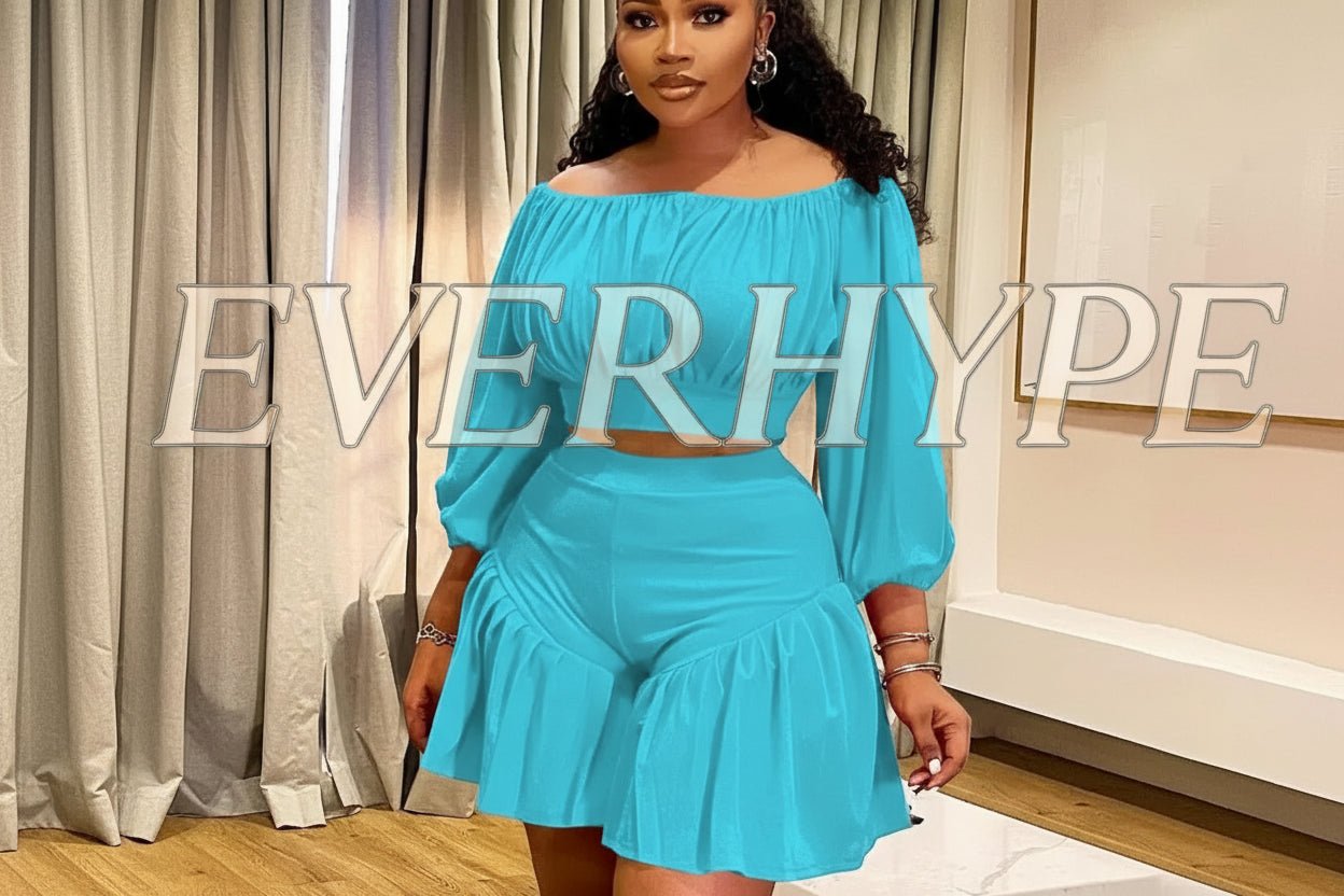 Plus Size 2 - Piece Set - Long Sleeve Slash Neck Top & Shorts for Women - EverHype