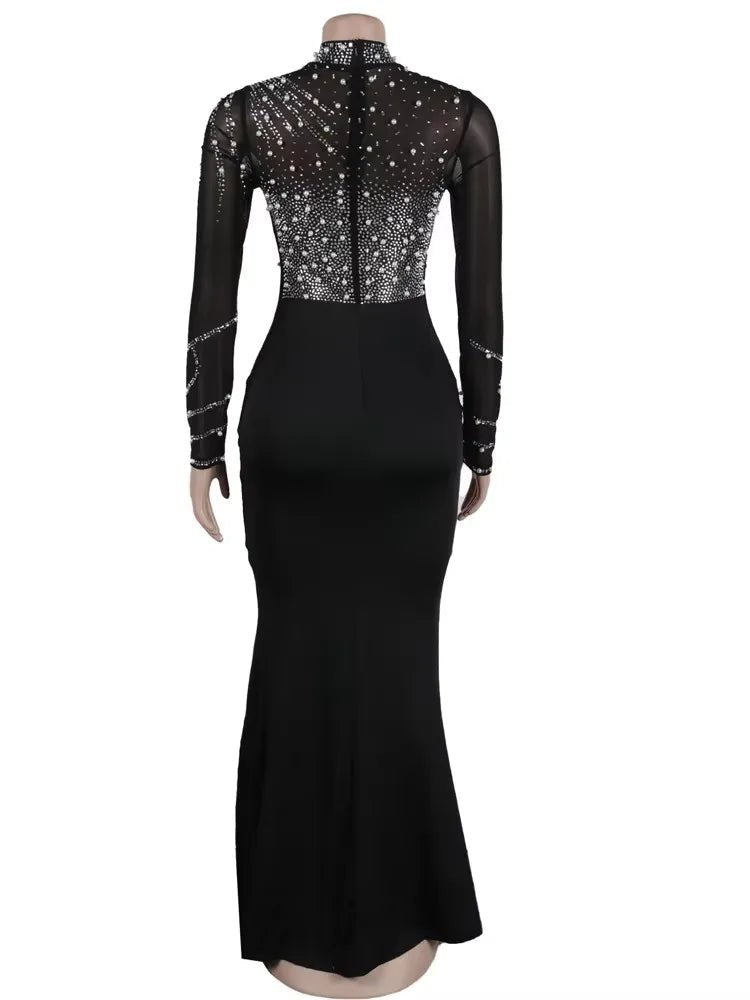 Crystal Embellished Maxi Dress - High Slit Long Sleeve Gown | Glam Party Dress - EverHype