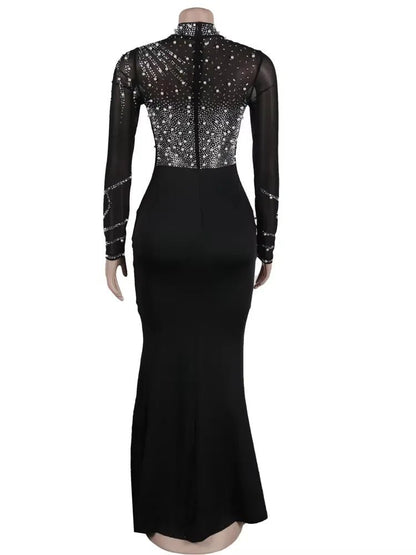 Crystal Embellished Maxi Dress - High Slit Long Sleeve Gown | Glam Party Dress - EverHype