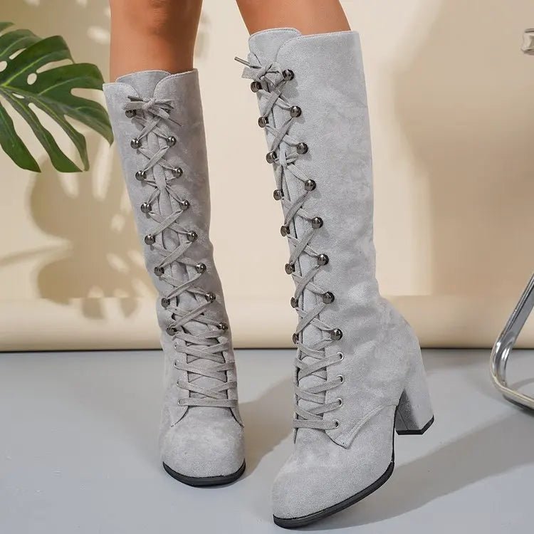 Winter Women Boots Shoes Fashion Vintage Lace - up Boots Women Round Cowboy High Heels Booties Shoes Woman Botas Mujer - EverHype