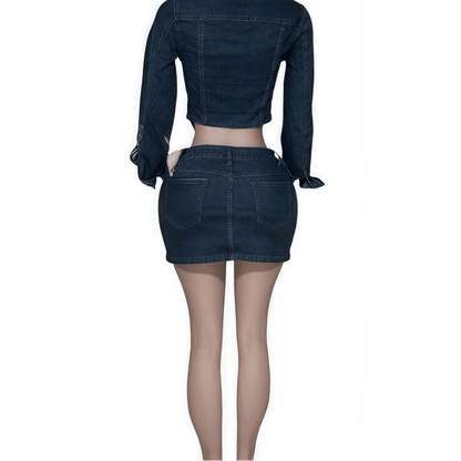 Denim 2 - Piece Set - Patchwork Crop Jacket & Skirt Outfit for Women - EverHype