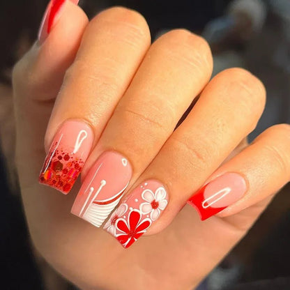 24Pcs Short Square Head Fake Nail with Colorful Flower Designs Wearable French False Nails Ballet Finished Jelly Stick on Nails - EverHype