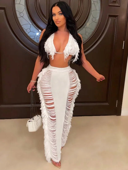JRRY Sexy Women Knitted Set Two Pieces Set Halter Backless Bra Top Pants Crocheted 2 Pieces Set Hollow Out Crochet Beach Wear - EverHype