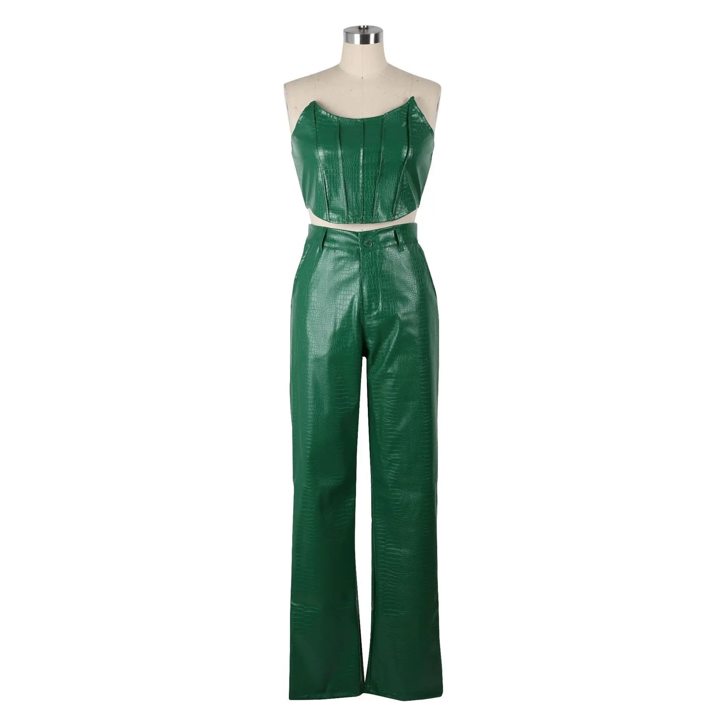 Women's Green Corset Jumpsuit - Cut - Out Cargo PU Leather 2 - Piece Set | Sexy Clubwear - EverHype