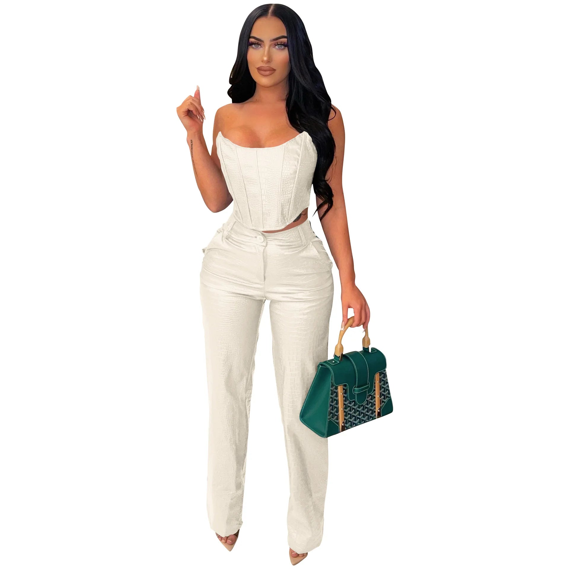 Women's Green Corset Jumpsuit - Cut - Out Cargo PU Leather 2 - Piece Set | Sexy Clubwear - EverHype
