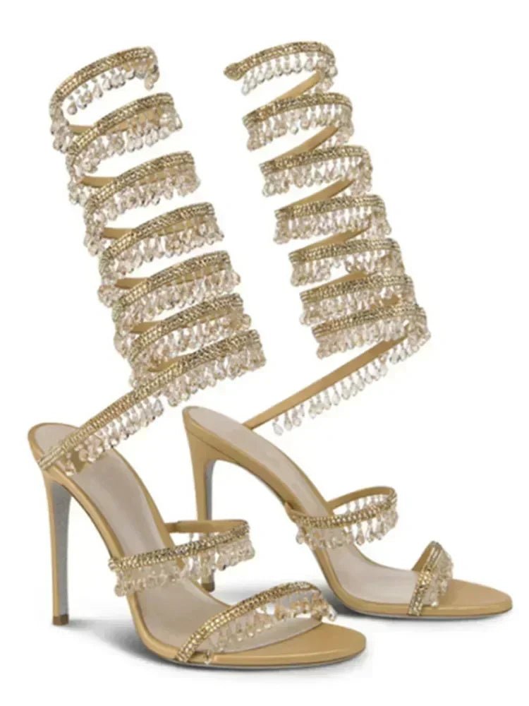 2025 Women's New Fashion Tassel Crystal Shoes Sexy Banquet Party Stiletto High Heels Women's Large Sandals Dance Shoes - EverHype