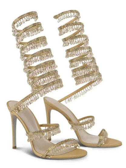 2025 Women's New Fashion Tassel Crystal Shoes Sexy Banquet Party Stiletto High Heels Women's Large Sandals Dance Shoes - EverHype