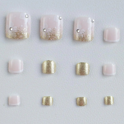 24pcs Glitter Crystal French Press On Toenails Diamond Decor False Toe Nails Square Head Artificial Nails Patch Removable Nail - EverHype