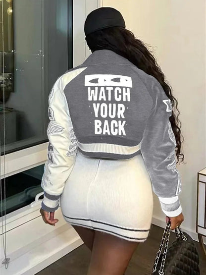 Fashion Baseball Buttons Fall Jackets For Women 2023 Crop Tops Jackets Coats Varsity Bomber Long Sleeve Print Green Black Jacket - EverHype