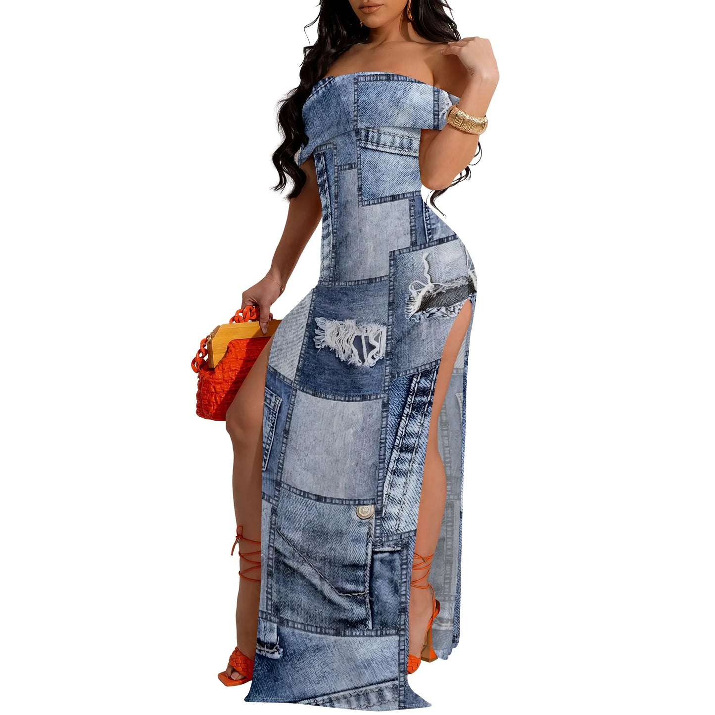 Denim Off - Shoulder Maxi Dress - Sexy High Slit Party Dress | EverHype - EverHype