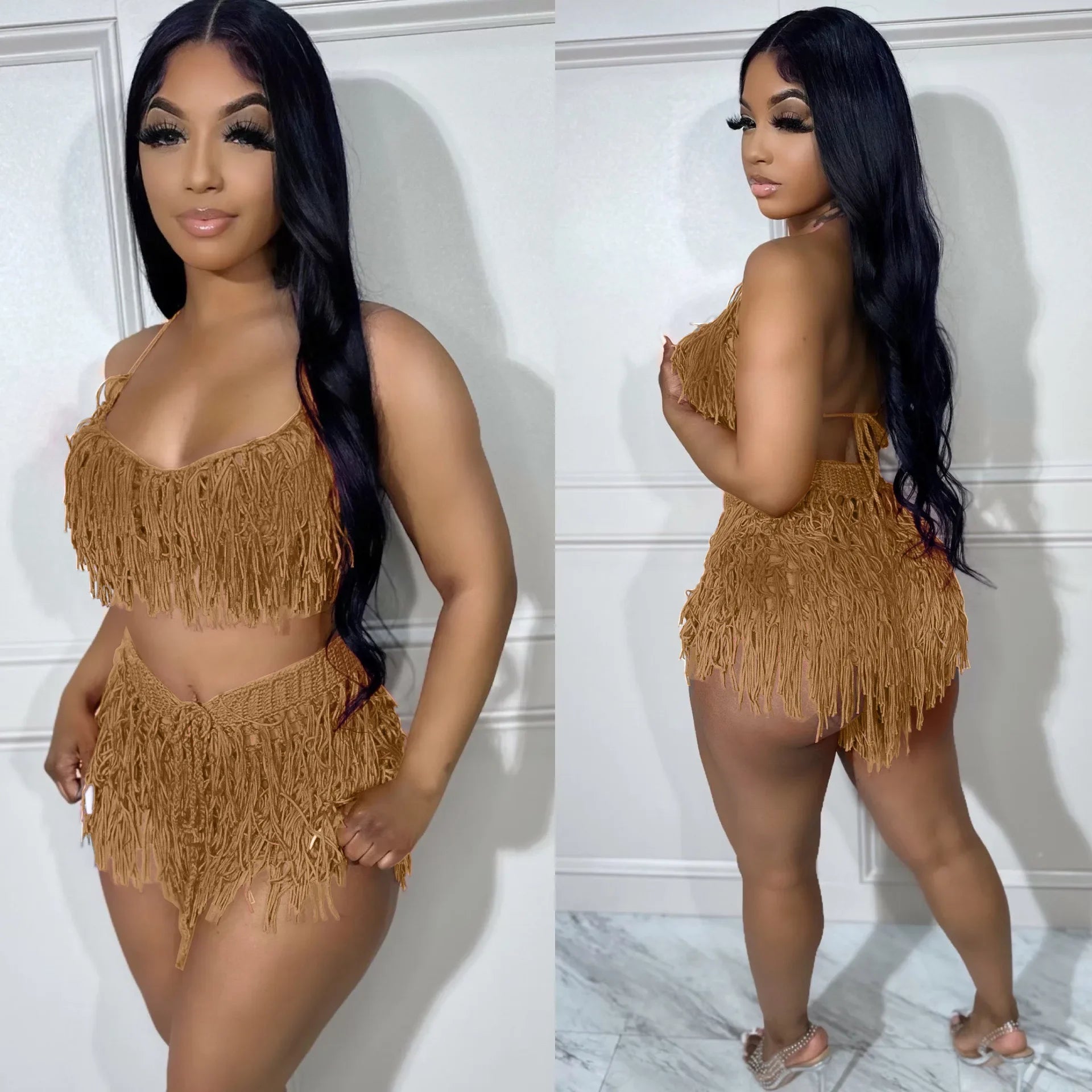 Women's Crochet Beach Set - See - Through Knit Fringed 2 - Piece | Summer Vacation Outfit - EverHype